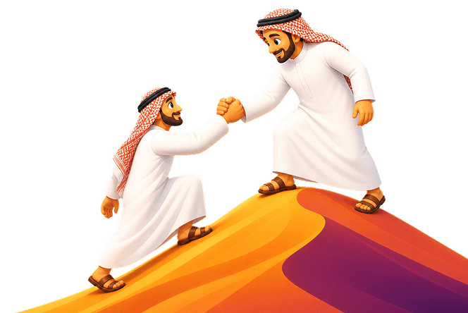 Two people climbing a dune, one helping the other up